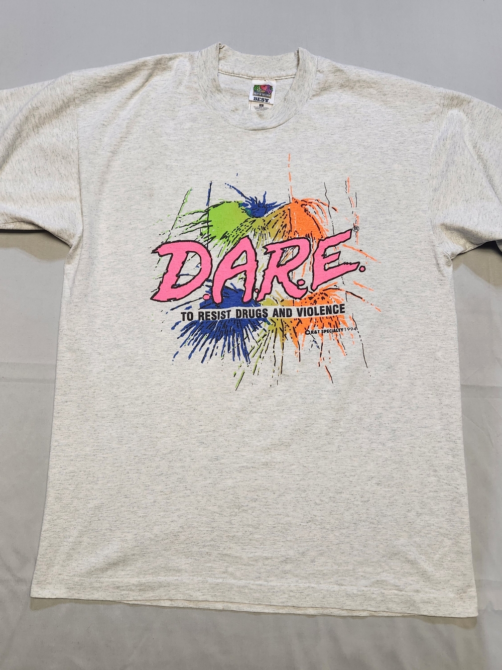 Vintage 90s DARE Neon Paint Splatter T Shirt Large Single Stitch Gray 1994 FOTL